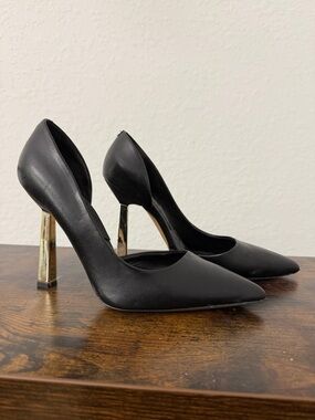 Aldo Black Pointed-Toe Pumps with Gold Block Heel